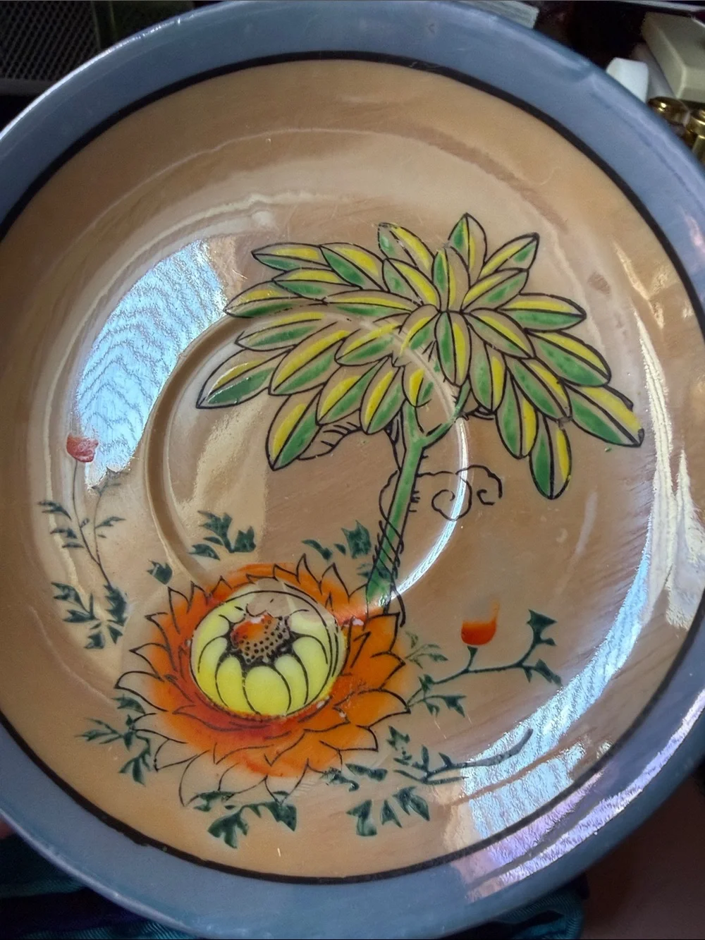 Vintage ca 1940-50’s  made in Japan orange flower lusterware tea cup & saucer